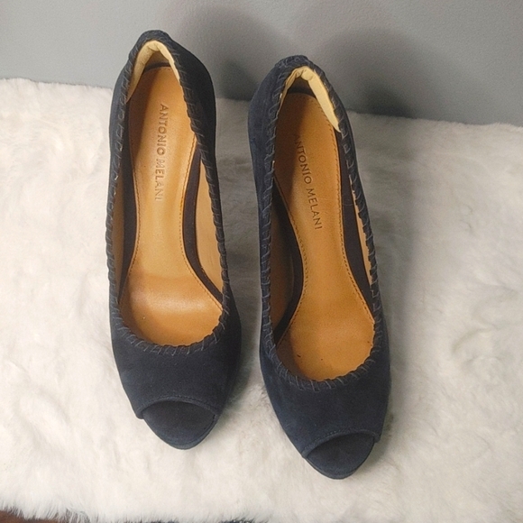 Antonio Melani Blue Suede Leather Peeptoe Platform Pumps sz 8 (heel pad) - Picture 1 of 11